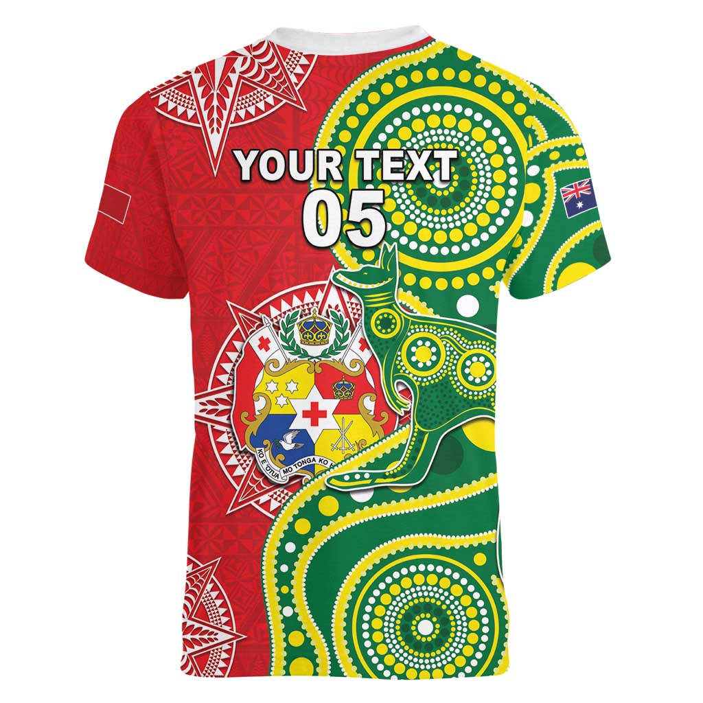 Custom Tonga Australia Rugby Women V-Neck T-Shirt Kangaroos And Tonga Mate Maa Together LT05 - Polynesian Pride