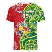 Custom Tonga Australia Rugby Women V-Neck T-Shirt Kangaroos And Tonga Mate Maa Together LT05 - Polynesian Pride