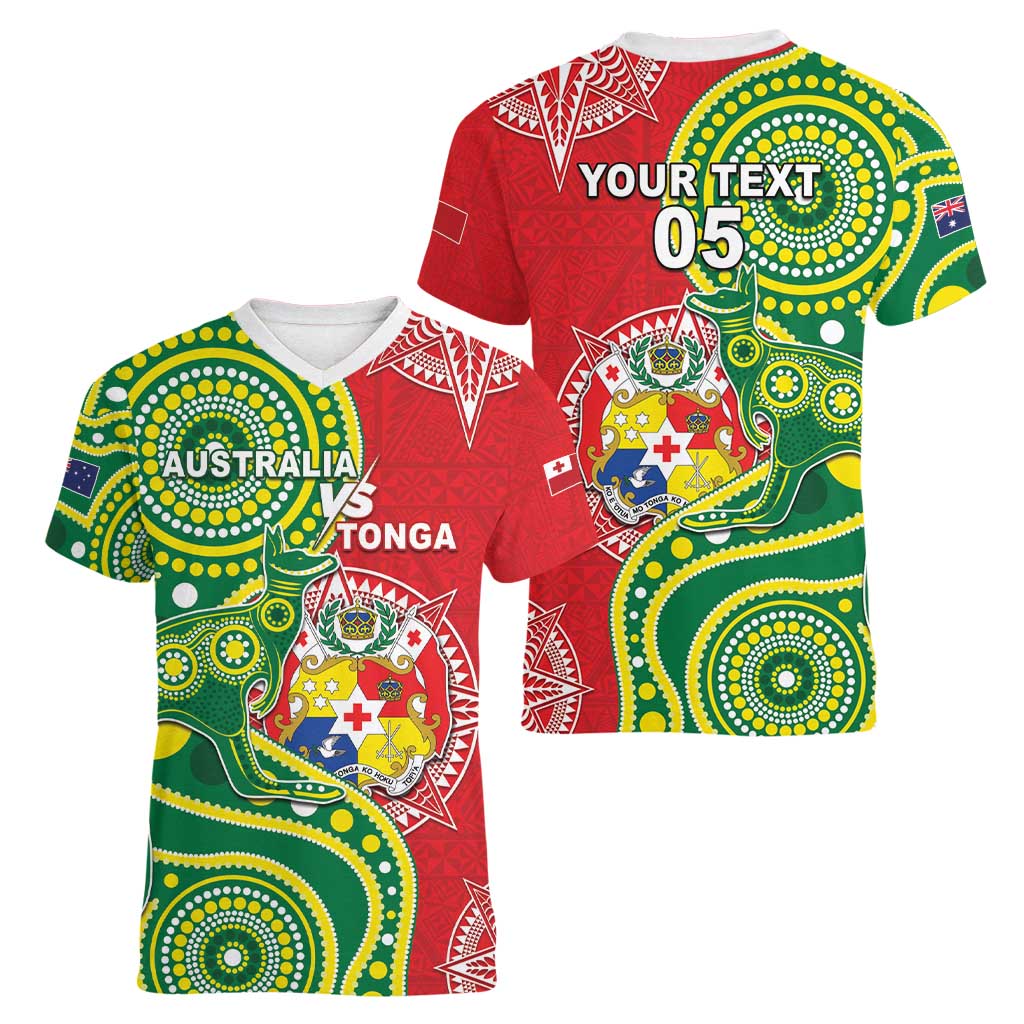 Custom Tonga Australia Rugby Women V-Neck T-Shirt Kangaroos And Tonga Mate Maa Together LT05 - Polynesian Pride