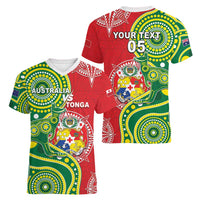 Custom Tonga Australia Rugby Women V-Neck T-Shirt Kangaroos And Tonga Mate Maa Together LT05 - Polynesian Pride