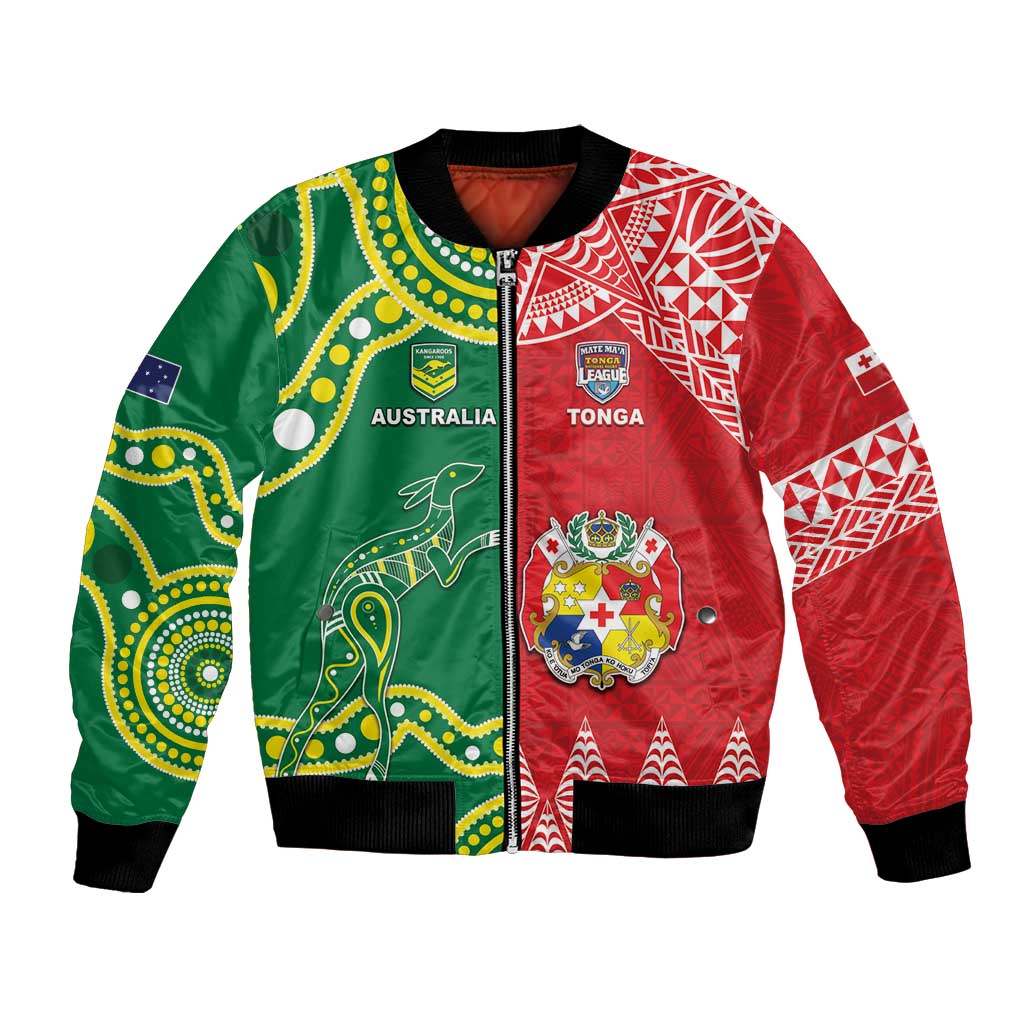 Custom Tonga XIII And Australia Kangaroos Bomber Jacket Mate Maa Tongan Ngatu With Aboriginal