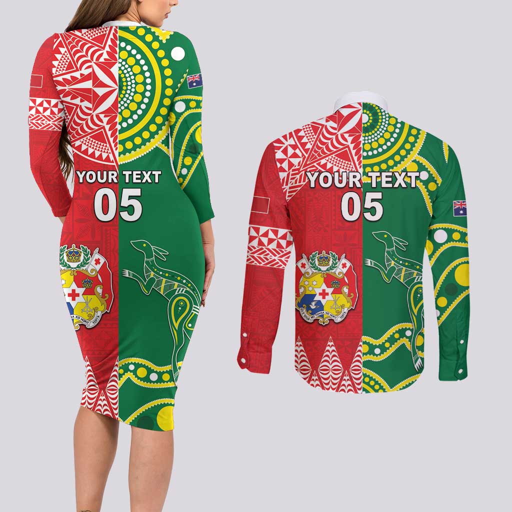 Custom Tonga XIII And Australia Kangaroos Couples Matching Long Sleeve Bodycon Dress and Long Sleeve Button Shirt Mate Maa Tongan Ngatu With Aboriginal LT05 - Polynesian Pride