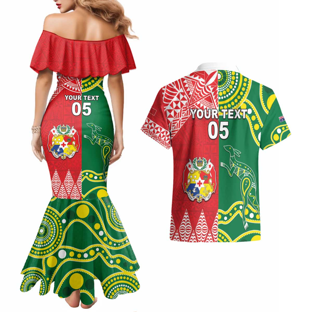 Custom Tonga XIII And Australia Kangaroos Couples Matching Mermaid Dress and Hawaiian Shirt Mate Maa Tongan Ngatu With Aboriginal LT05 - Polynesian Pride
