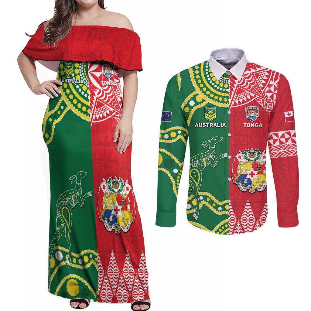 Custom Tonga XIII And Australia Kangaroos Couples Matching Off Shoulder Maxi Dress and Long Sleeve Button Shirt Mate Maa Tongan Ngatu With Aboriginal