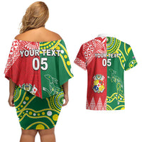 Custom Tonga XIII And Australia Kangaroos Couples Matching Off Shoulder Short Dress and Hawaiian Shirt Mate Maa Tongan Ngatu With Aboriginal LT05 - Polynesian Pride
