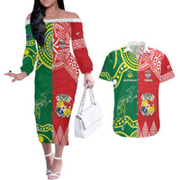 Custom Tonga XIII And Australia Kangaroos Couples Matching Off The Shoulder Long Sleeve Dress and Hawaiian Shirt Mate Maa Tongan Ngatu With Aboriginal LT05 Red - Polynesian Pride