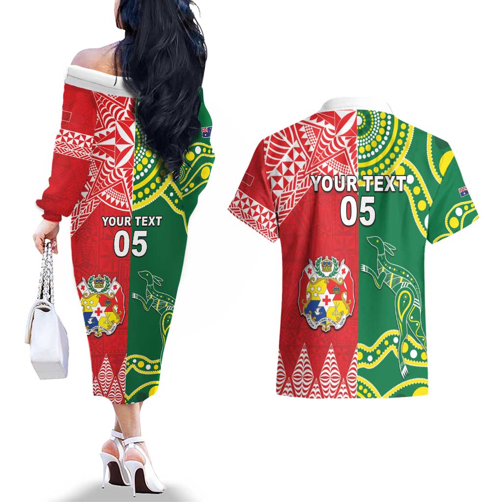 Custom Tonga XIII And Australia Kangaroos Couples Matching Off The Shoulder Long Sleeve Dress and Hawaiian Shirt Mate Maa Tongan Ngatu With Aboriginal LT05 - Polynesian Pride