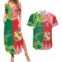 Custom Tonga XIII And Australia Kangaroos Couples Matching Summer Maxi Dress and Hawaiian Shirt Mate Maa Tongan Ngatu With Aboriginal LT05 Red - Polynesian Pride