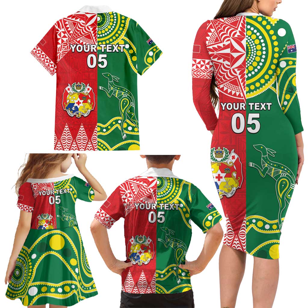 Custom Tonga XIII And Australia Kangaroos Family Matching Long Sleeve Bodycon Dress and Hawaiian Shirt Mate Maa Tongan Ngatu With Aboriginal LT05 - Polynesian Pride