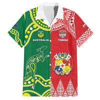 Custom Tonga XIII And Australia Kangaroos Family Matching Long Sleeve Bodycon Dress and Hawaiian Shirt Mate Maa Tongan Ngatu With Aboriginal LT05 Dad's Shirt - Short Sleeve Red - Polynesian Pride