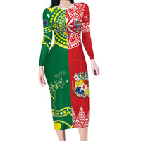 Custom Tonga XIII And Australia Kangaroos Family Matching Long Sleeve Bodycon Dress and Hawaiian Shirt Mate Maa Tongan Ngatu With Aboriginal LT05 Mom's Dress Red - Polynesian Pride
