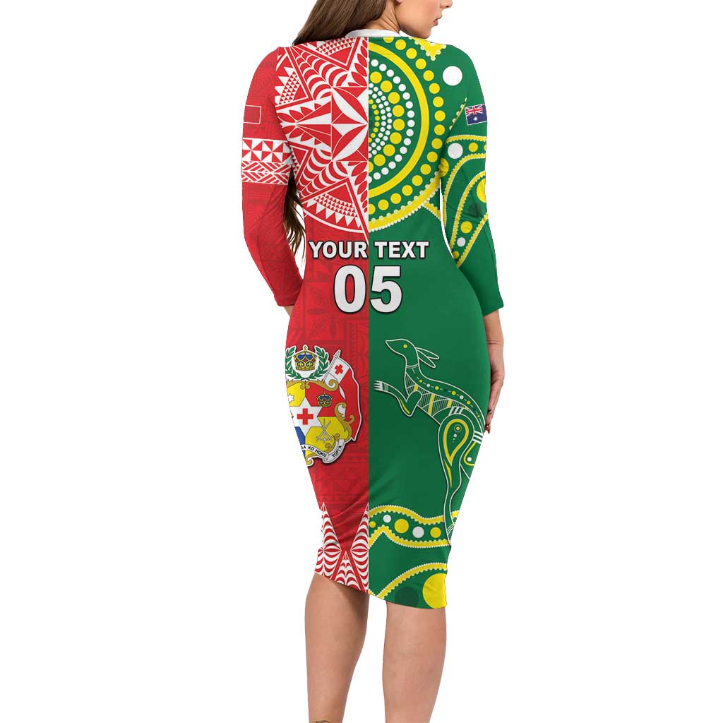 Custom Tonga XIII And Australia Kangaroos Family Matching Long Sleeve Bodycon Dress and Hawaiian Shirt Mate Maa Tongan Ngatu With Aboriginal LT05 - Polynesian Pride