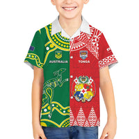 Custom Tonga XIII And Australia Kangaroos Family Matching Long Sleeve Bodycon Dress and Hawaiian Shirt Mate Maa Tongan Ngatu With Aboriginal LT05 Son's Shirt Red - Polynesian Pride