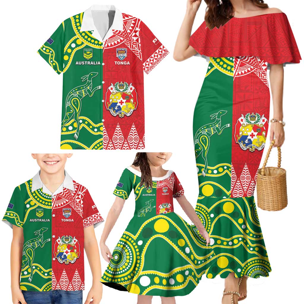 Custom Tonga XIII And Australia Kangaroos Family Matching Mermaid Dress and Hawaiian Shirt Mate Maa Tongan Ngatu With Aboriginal LT05 - Polynesian Pride