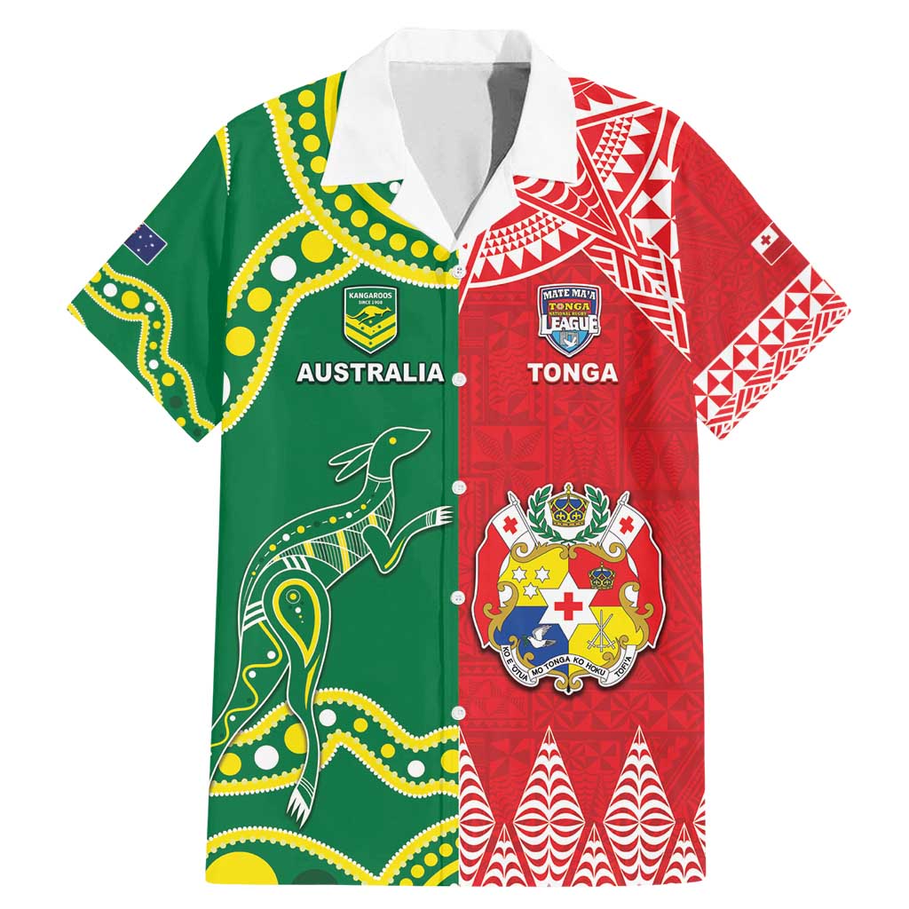 Custom Tonga XIII And Australia Kangaroos Family Matching Mermaid Dress and Hawaiian Shirt Mate Maa Tongan Ngatu With Aboriginal LT05 Dad's Shirt - Short Sleeve Red - Polynesian Pride
