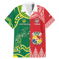 Custom Tonga XIII And Australia Kangaroos Family Matching Mermaid Dress and Hawaiian Shirt Mate Maa Tongan Ngatu With Aboriginal LT05 Dad's Shirt - Short Sleeve Red - Polynesian Pride