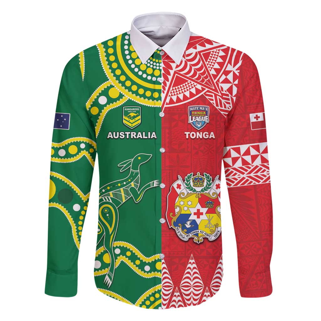 Custom Tonga XIII And Australia Kangaroos Family Matching Mermaid Dress and Hawaiian Shirt Mate Maa Tongan Ngatu With Aboriginal LT05 Dad's Shirt - Long Sleeve Red - Polynesian Pride