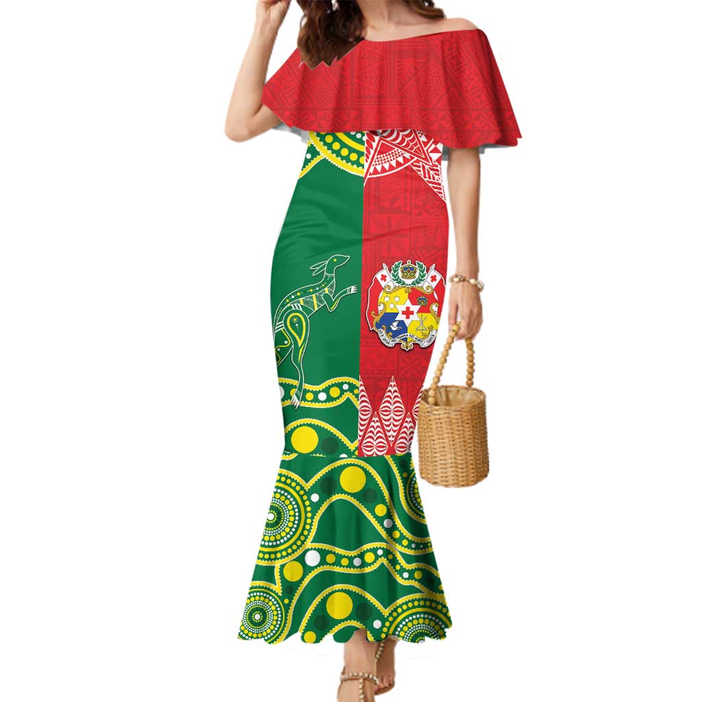 Custom Tonga XIII And Australia Kangaroos Family Matching Mermaid Dress and Hawaiian Shirt Mate Maa Tongan Ngatu With Aboriginal LT05 Mom's Dress Red - Polynesian Pride