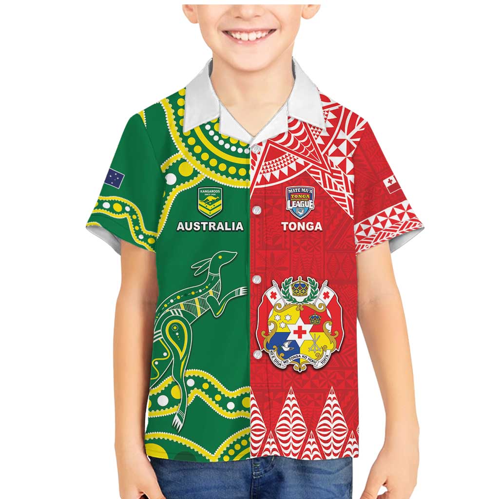 Custom Tonga XIII And Australia Kangaroos Family Matching Mermaid Dress and Hawaiian Shirt Mate Maa Tongan Ngatu With Aboriginal LT05 Son's Shirt Red - Polynesian Pride