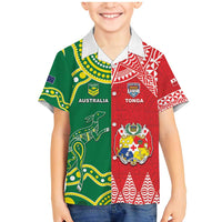 Custom Tonga XIII And Australia Kangaroos Family Matching Mermaid Dress and Hawaiian Shirt Mate Maa Tongan Ngatu With Aboriginal LT05 Son's Shirt Red - Polynesian Pride