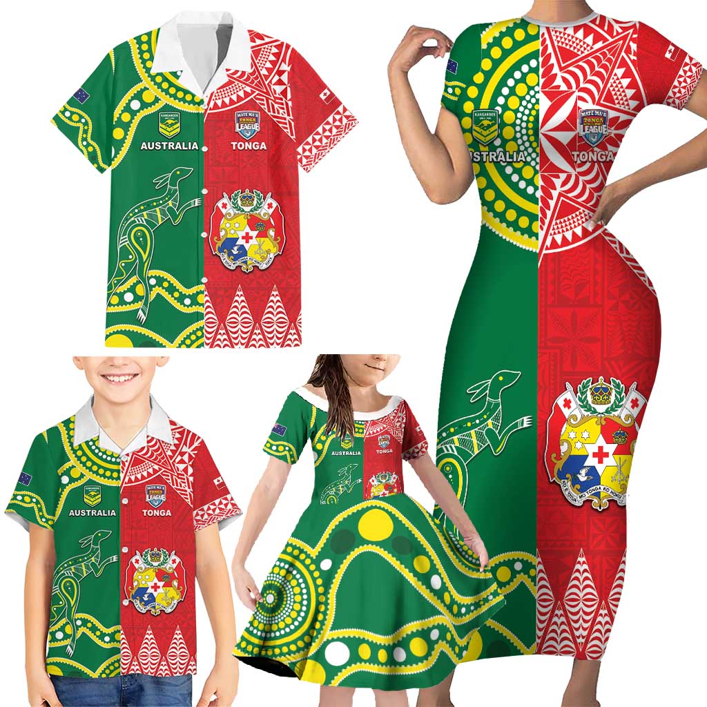 Custom Tonga XIII And Australia Kangaroos Family Matching Short Sleeve Bodycon Dress and Hawaiian Shirt Mate Maa Tongan Ngatu With Aboriginal LT05 - Polynesian Pride