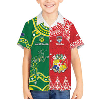 Custom Tonga XIII And Australia Kangaroos Family Matching Short Sleeve Bodycon Dress and Hawaiian Shirt Mate Maa Tongan Ngatu With Aboriginal LT05 Son's Shirt Red - Polynesian Pride