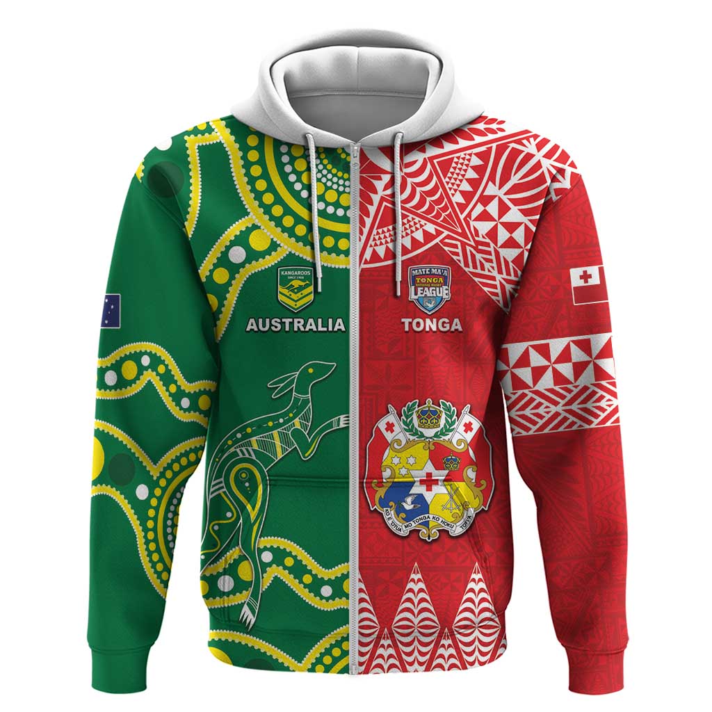 Custom Tonga XIII And Australia Kangaroos Hoodie Mate Maa Tongan Ngatu With Aboriginal