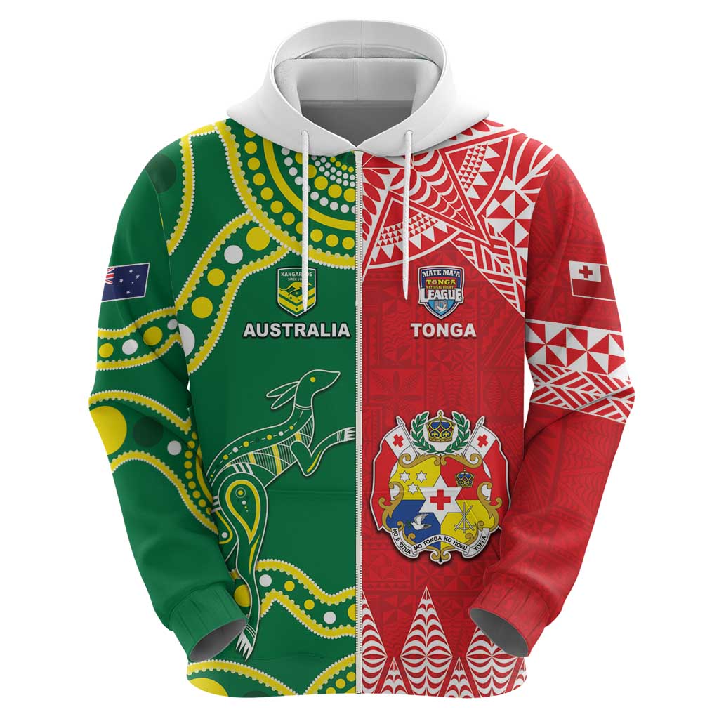 Custom Tonga XIII And Australia Kangaroos Hoodie Mate Maa Tongan Ngatu With Aboriginal