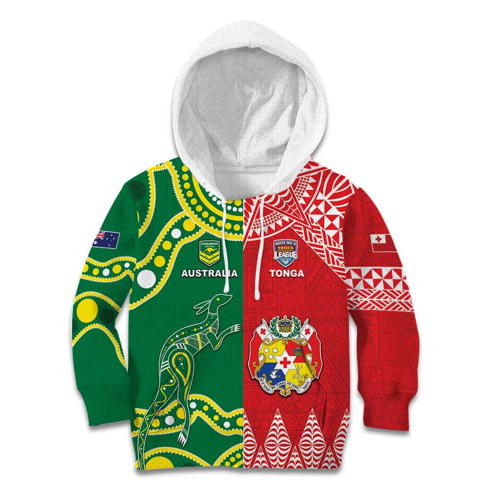 Custom Tonga XIII And Australia Kangaroos Kid Hoodie Mate Maa Tongan Ngatu With Aboriginal