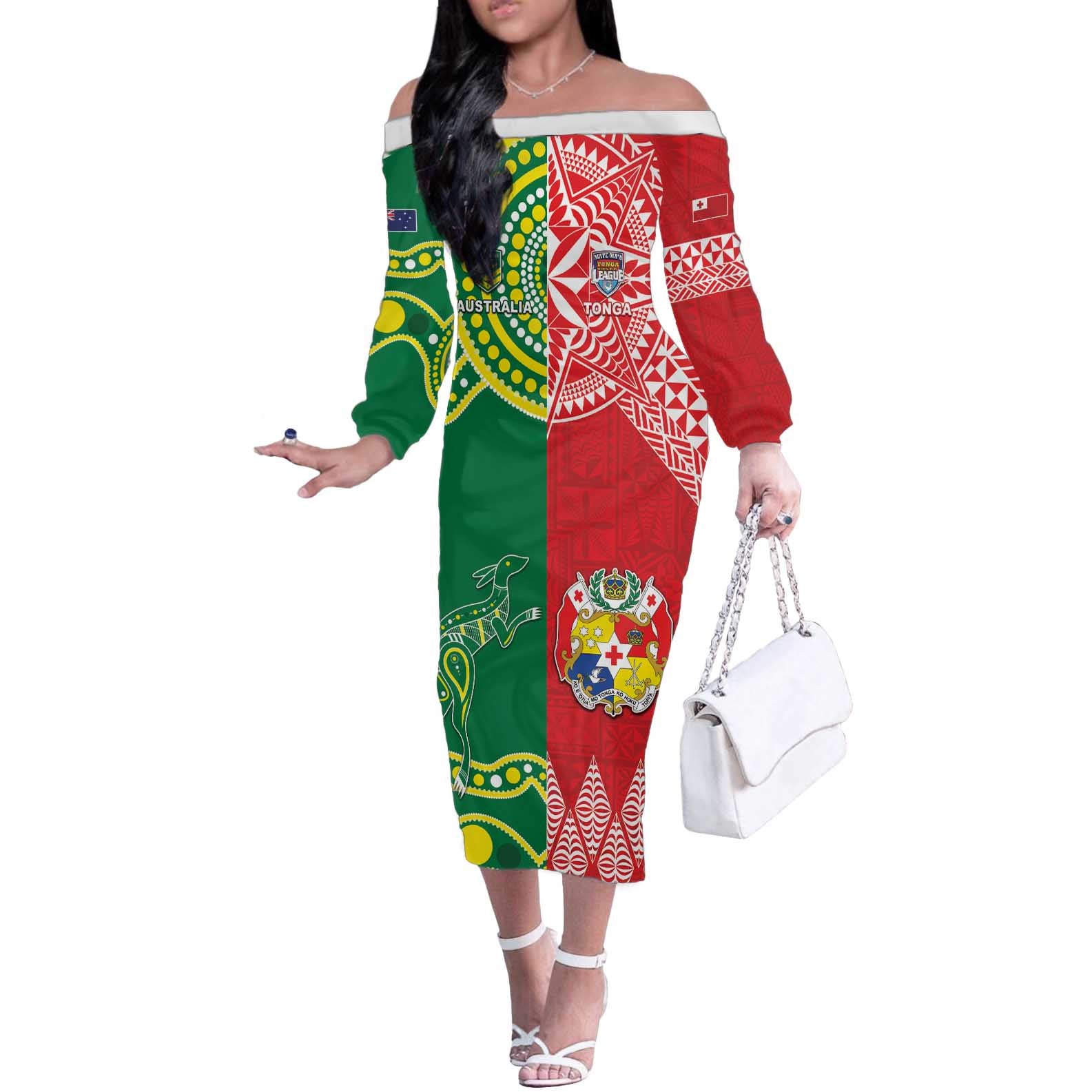 Custom Tonga XIII And Australia Kangaroos Off The Shoulder Long Sleeve Dress Mate Maa Tongan Ngatu With Aboriginal