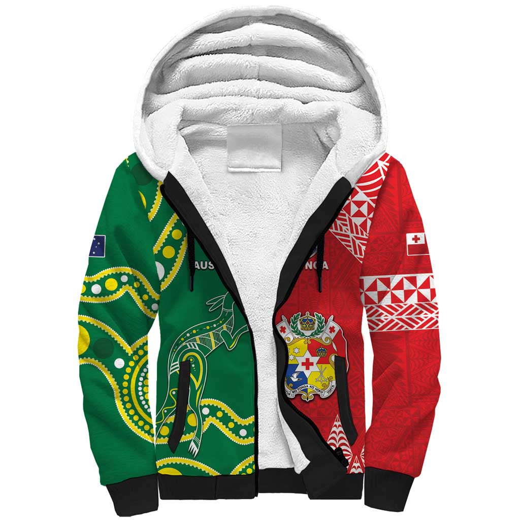 Custom Tonga XIII And Australia Kangaroos Sherpa Hoodie Mate Maa Tongan Ngatu With Aboriginal