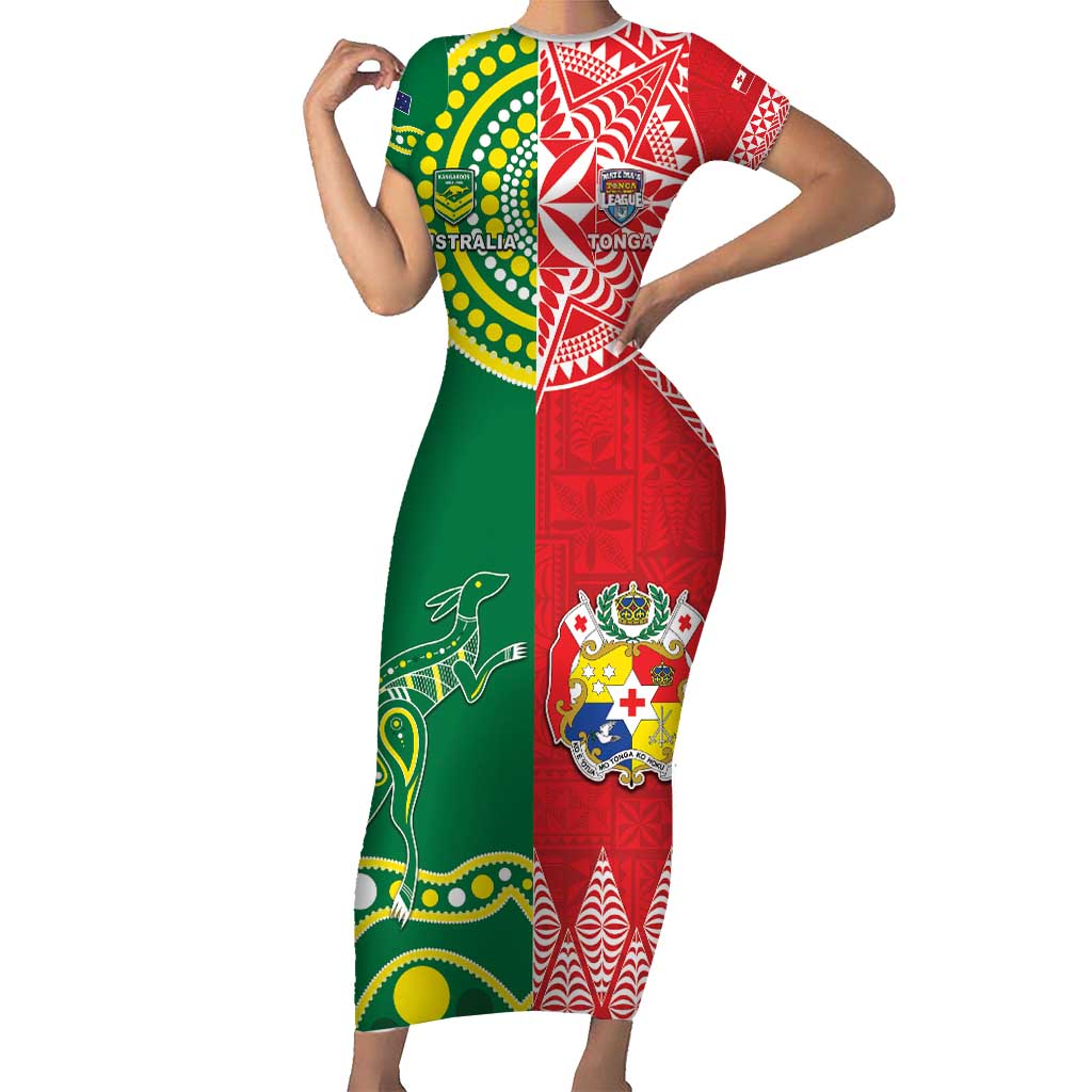 Custom Tonga XIII And Australia Kangaroos Short Sleeve Bodycon Dress Mate Maa Tongan Ngatu With Aboriginal