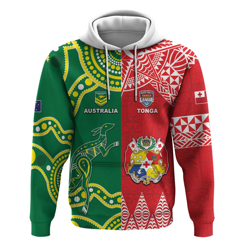 Custom Tonga XIII And Australia Kangaroos Zip Hoodie Mate Maa Tongan Ngatu With Aboriginal