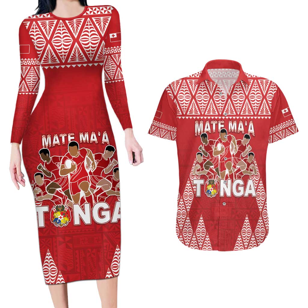 Custom Tonga Rugby Couples Matching Long Sleeve Bodycon Dress and Hawaiian Shirt Tonga Mate Ma'a Take The Lead