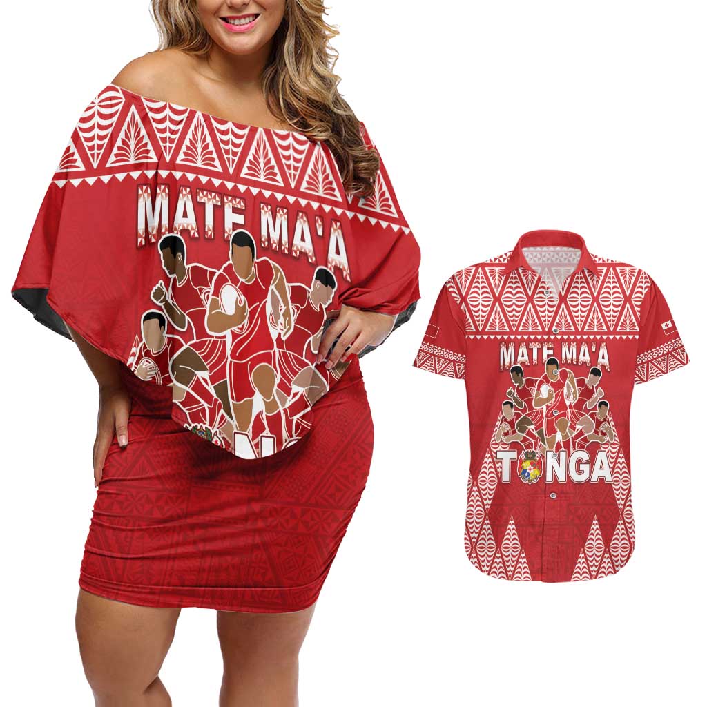 Custom Tonga Rugby Couples Matching Off Shoulder Short Dress and Hawaiian Shirt Tonga Mate Ma'a Take The Lead