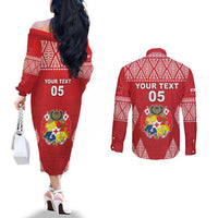 Custom Tonga Rugby Couples Matching Off The Shoulder Long Sleeve Dress and Long Sleeve Button Shirt Tonga Mate Ma'a Take The Lead