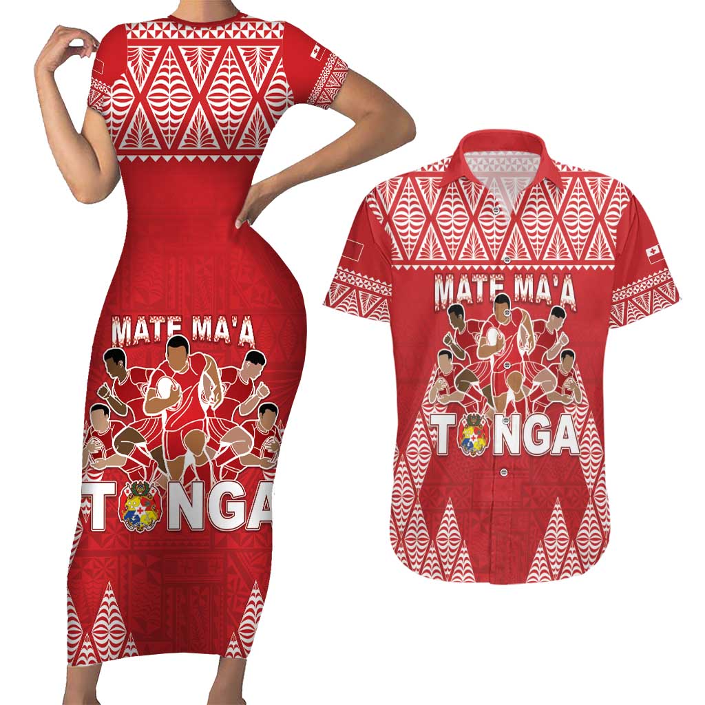 Custom Tonga Rugby Couples Matching Short Sleeve Bodycon Dress and Hawaiian Shirt Tonga Mate Ma'a Take The Lead