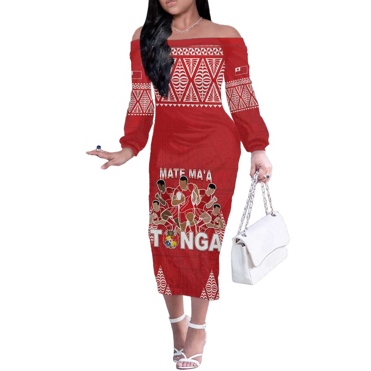 Custom Tonga Rugby Family Matching Off The Shoulder Long Sleeve Dress and Hawaiian Shirt Tonga Mate Ma'a Take The Lead LT05 Mom's Dress Red - Polynesian Pride