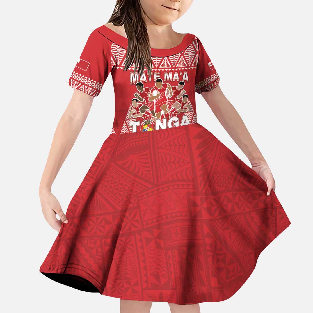 Custom Tonga Rugby Family Matching Short Sleeve Bodycon Dress and Hawaiian Shirt Tonga Mate Ma'a Take The Lead LT05 Daughter's Dress Red - Polynesian Pride