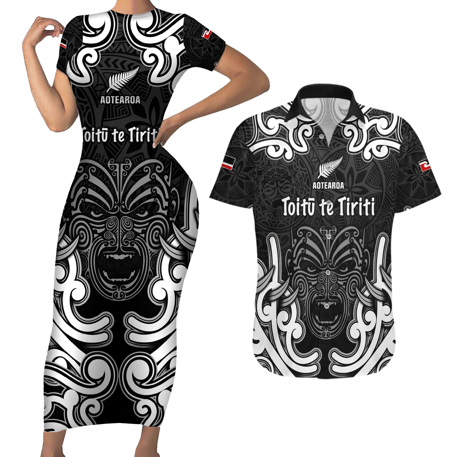 Personalised Aotearoa Couples Matching Short Sleeve Bodycon Dress and Hawaiian Shirt Toitu Te Tiriti O Waitangi LT05 Black - Polynesian Pride