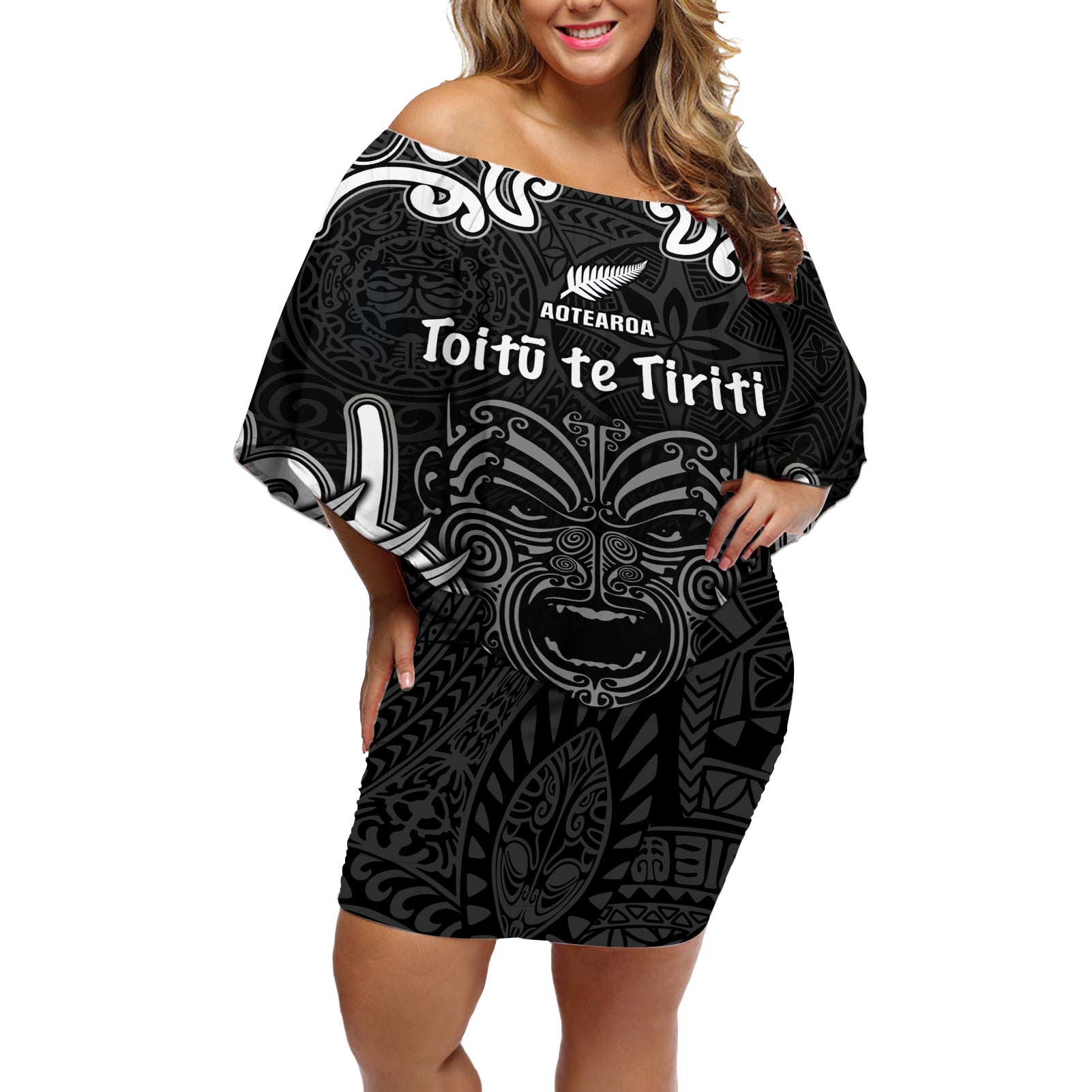 Personalised Aotearoa Off Shoulder Short Dress Toitu Te Tiriti O Waitangi LT05 Women Black - Polynesian Pride