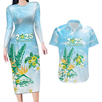 Personalised 2025 Aloha Hawaii Couples Matching Long Sleeve Bodycon Dress and Hawaiian Shirt Tropical Flowers And Honu
