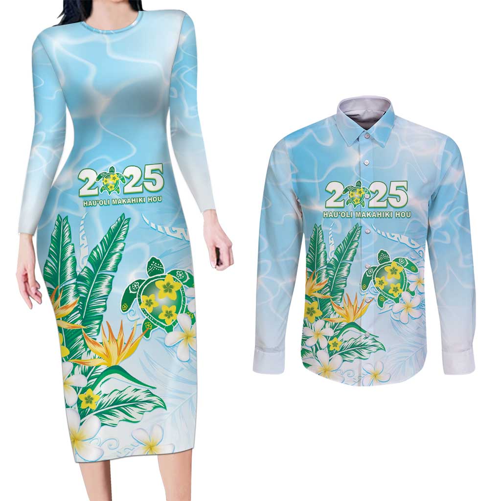 Personalised 2025 Aloha Hawaii Couples Matching Long Sleeve Bodycon Dress and Long Sleeve Button Shirt Tropical Flowers And Honu