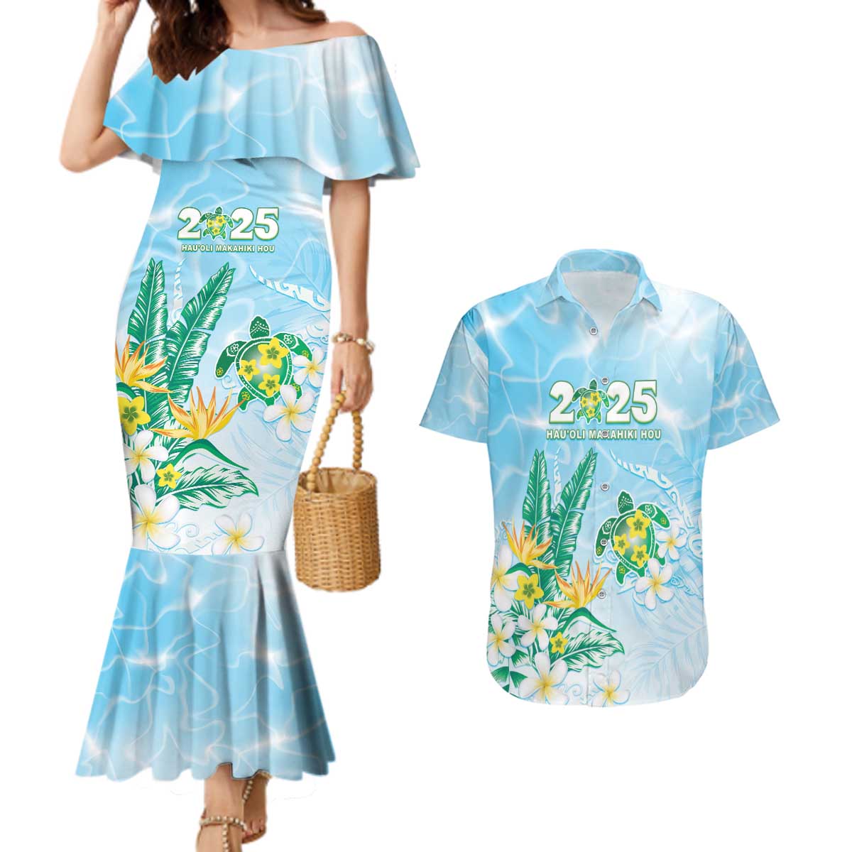 Personalised 2025 Aloha Hawaii Couples Matching Mermaid Dress and Hawaiian Shirt Tropical Flowers And Honu