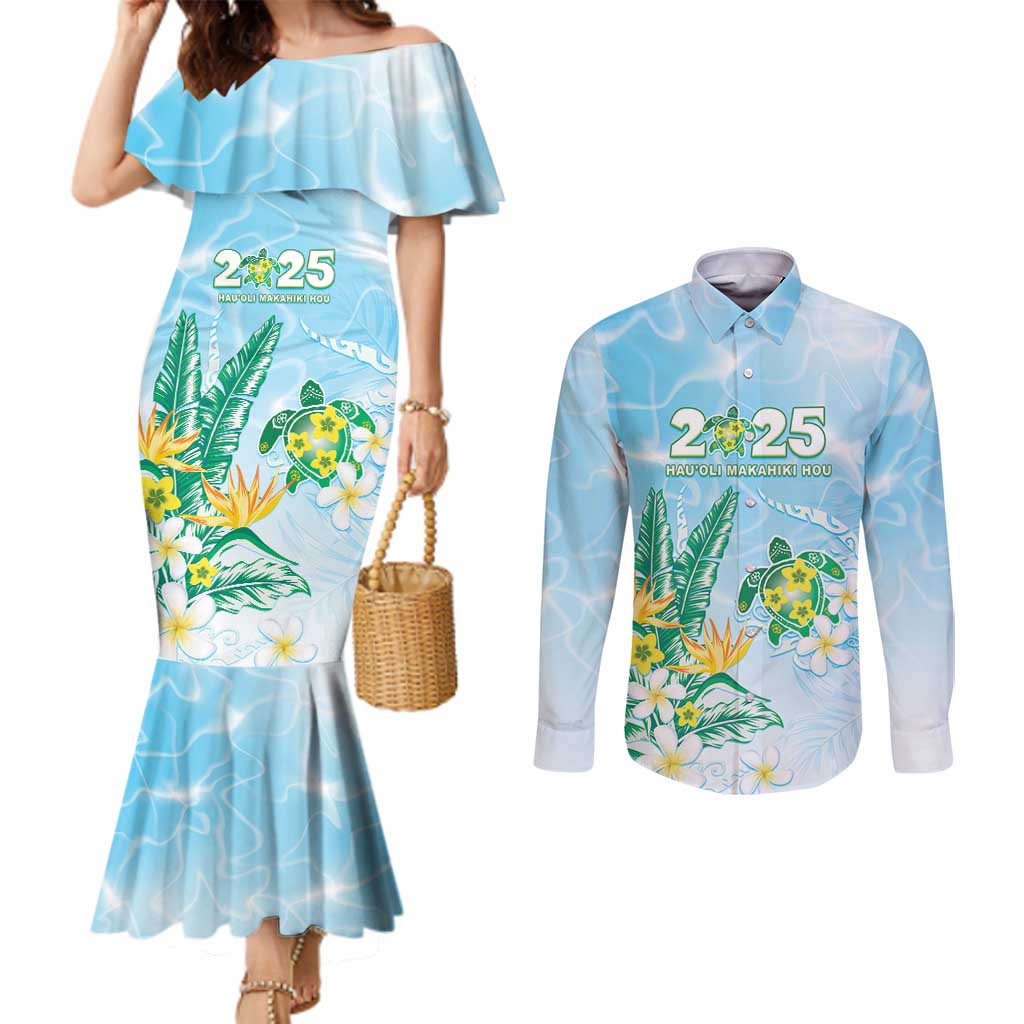 Personalised 2025 Aloha Hawaii Couples Matching Mermaid Dress and Long Sleeve Button Shirt Tropical Flowers And Honu