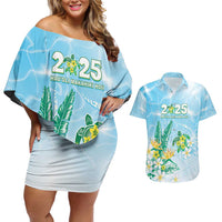 Personalised 2025 Aloha Hawaii Couples Matching Off Shoulder Short Dress and Hawaiian Shirt Tropical Flowers And Honu
