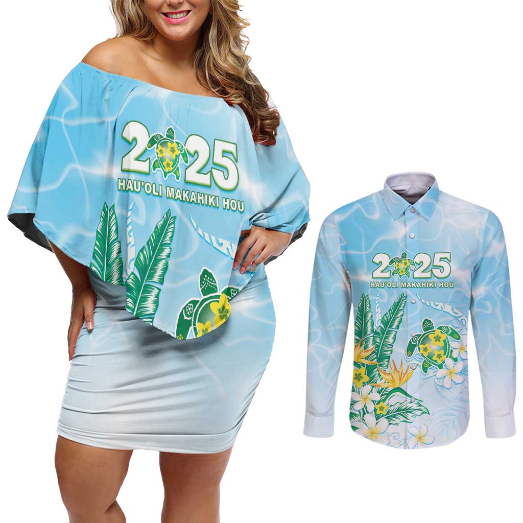 Personalised 2025 Aloha Hawaii Couples Matching Off Shoulder Short Dress and Long Sleeve Button Shirt Tropical Flowers And Honu