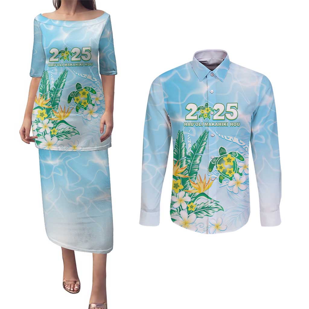 Personalised 2025 Aloha Hawaii Couples Matching Puletasi and Long Sleeve Button Shirt Tropical Flowers And Honu