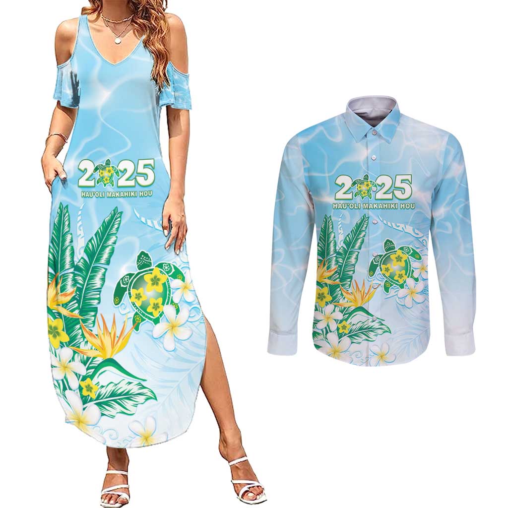 Personalised 2025 Aloha Hawaii Couples Matching Summer Maxi Dress and Long Sleeve Button Shirt Tropical Flowers And Honu