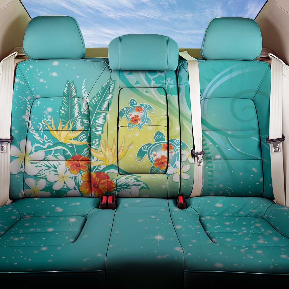 Hawaii Honu Back Car Seat Cover Tropical Flowers Turquoise Gradient